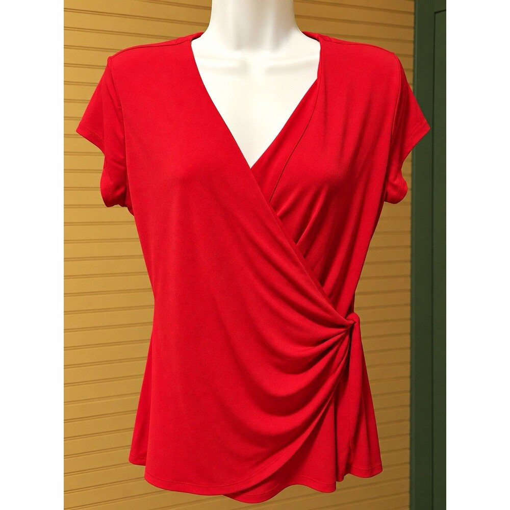 Tahari Women’s Medium Red Surplice Wrap Front Ruched Short Sleeve Top